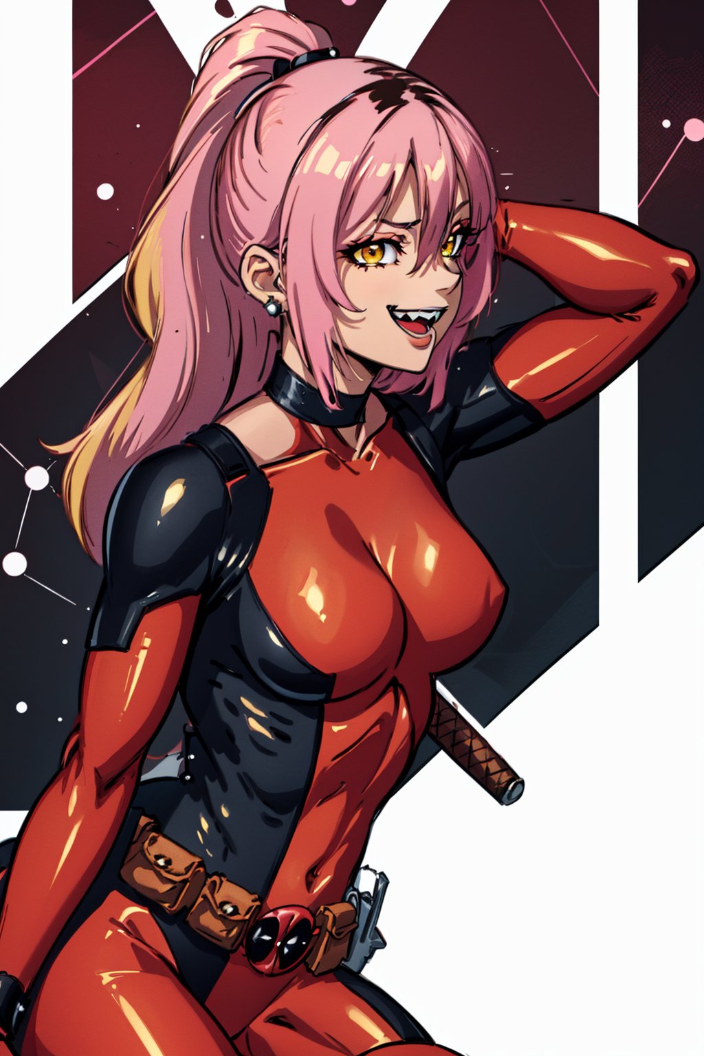 masterpiece, highest quality, so beautiful,highly definited,1girl, solo, long hair, breasts, very long hair,shoes, virtual youtuber,belt, katana, bodysuit, building, pouch,superhero, red bodysuit, utility belt,deadpool,red deadpool outfit,BodySuit_lady_deadpool_ownwaifu,NeneEfthy, brown eyes, yellow eyes, earrings, pink hair,  hair over one eye,brown hair, two-tone hair, smile,choker,pointed_teeth,mechanical_arms,mischievous smile,lascivious look, lewd,sitting_down,looking_at_viewer,open_mouth,