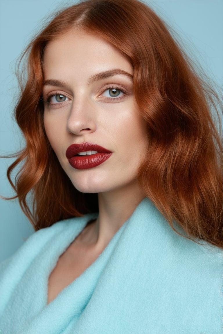 in a medium, eye-level shot, a fair-skinned woman with long, wavy red hair is captured against a light blue backdrop. she's adorned with a light blue scarf draped over her shoulders, adding a touch of elegance to her look. her gaze is directed towards the upper right corner of the frame, while her mouth is slightly ajar, revealing a hint of her lower lip. her eyes, a striking blue, are accentuated by a light brown hue on her cheeks and a darker brown on her lips. her hair, a vibrant shade of red, is styled in loose waves that cascade down her shoulders.