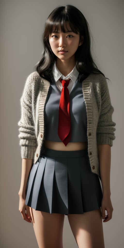 A photorealistic image of a 18-year-old asian girl with black hair featuring blunt bangs, dressed in a school uniform consisting of a gray skirt, red tie, and loose socks. She stands out against a neutral background, her knit cardigan draped casually over her shoulders. The soft lighting accentuates the texture of her hair and clothing, while the framing emphasizes her youthful elegance.