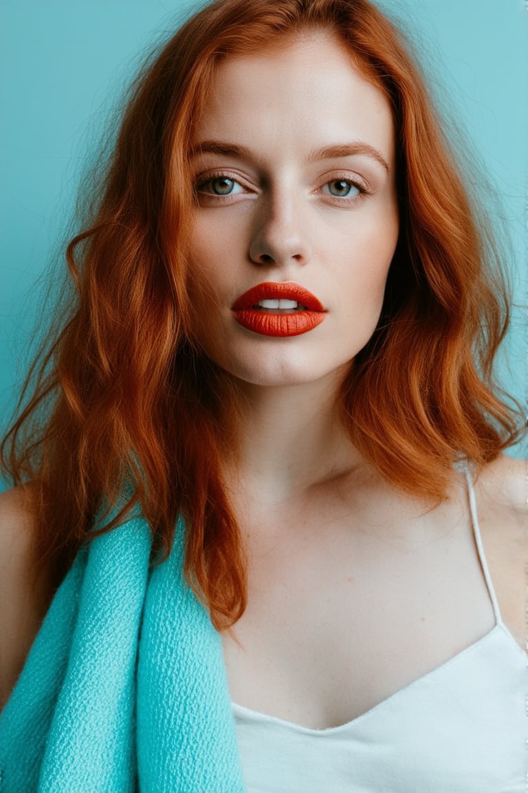 in a medium, eye-level shot, a fair-skinned woman with long, wavy red hair is captured against a light blue backdrop. she's adorned with a light blue scarf draped over her shoulders, adding a touch of elegance to her look. her gaze is directed towards the upper right corner of the frame, while her mouth is slightly ajar, revealing a hint of her lower lip. her eyes, a striking blue, are accentuated by a light brown hue on her cheeks and a darker brown on her lips. her hair, a vibrant shade of red, is styled in loose waves that cascade down her shoulders.