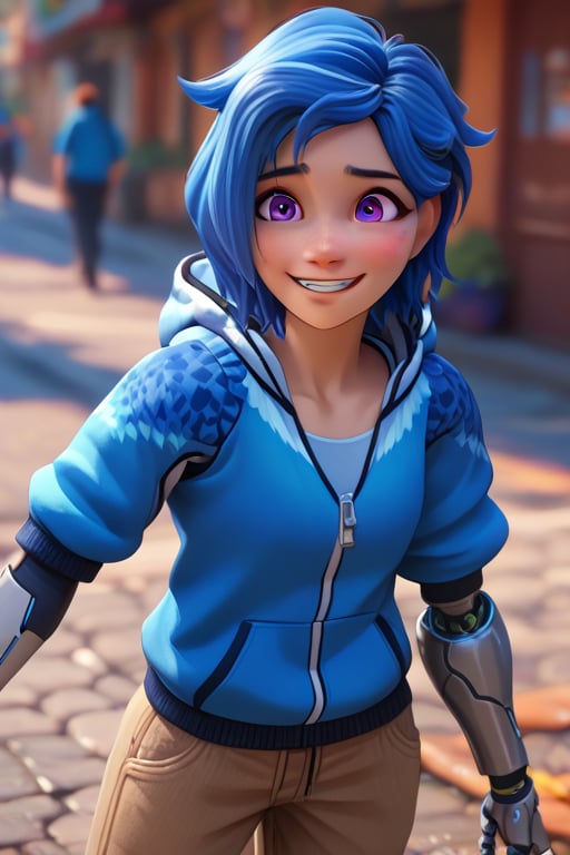 Anime, score_9, score_8_up, score_7_up,BREAK, 1girl, Tari, Blue Hoodie, Tan Pants, Mechanical Arm, Blue Hair, Purple Eyes, smile