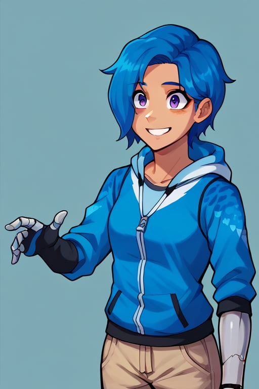 Anime, score_9, score_8_up, score_7_up,BREAK, 1girl, Tari, Blue Hoodie, tan pants, Mechanical Arm, Blue Hair, Purple Eyes, smiling