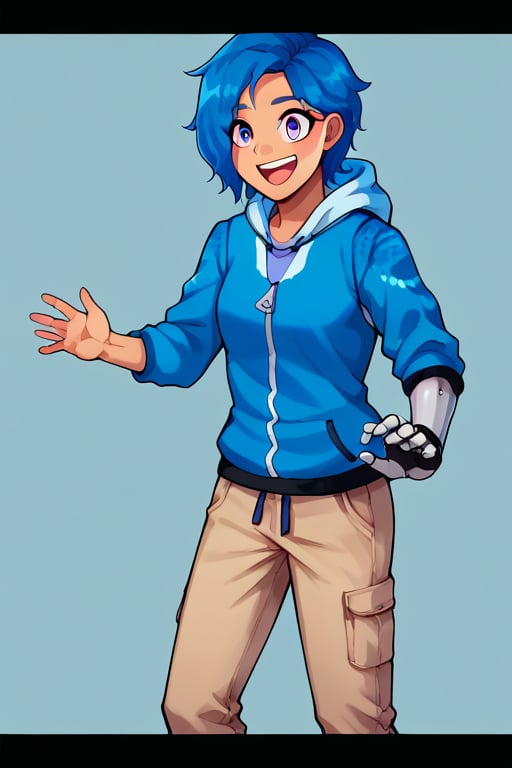 Anime, score_9, score_8_up, score_7_up,BREAK, 1girl, Tari, Blue Hoodie, tan pants, Mechanical Arm, Blue Hair, Purple Eyes, happy