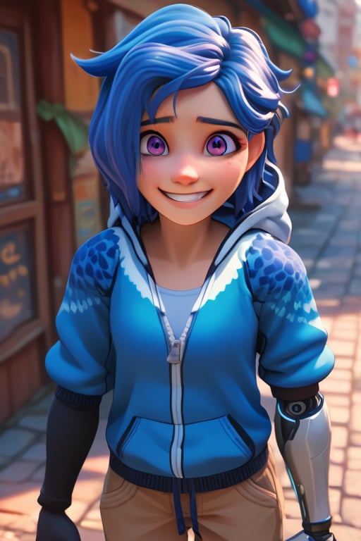 Anime, score_9, score_8_up, score_7_up,BREAK, 1girl, Tari, Blue Hoodie, Tan Pants, Mechanical Arm, Blue Hair, Purple Eyes, smiling