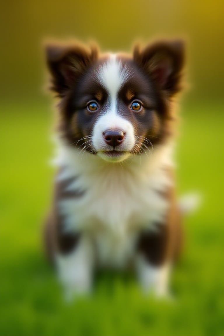 Shot of a Border Collie puppy sitting on a soft, green grass, with its ears perked up and tail wagging gently. The camera captures the puppy's endearing features, showcasing its bright brown eyes and fluffy coat. The lighting is warm and natural, casting a soft glow on the puppy's face. Composition focuses on the puppy's adorable expression, with a blurred background to emphasize its cuteness.