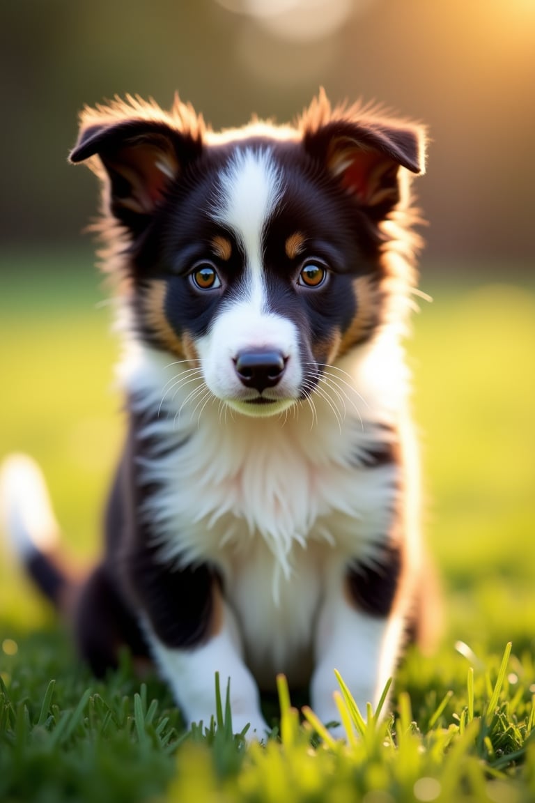 Shot of a Border Collie puppy sitting on a soft, green grass, with its ears perked up and tail wagging gently. The camera captures the puppy's endearing features, showcasing its bright brown eyes and fluffy coat. The lighting is warm and natural, casting a soft glow on the puppy's face. Composition focuses on the puppy's adorable expression, with a blurred background to emphasize its cuteness.