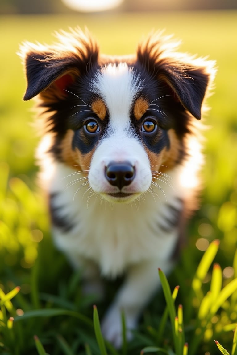 A Border Collie stands proudly in a sun-drenched meadow, its fluffy coat glistening with dew. The camera captures the pup's adorable face, its big brown eyes shining with intelligence. The surrounding grass is a lush green, with subtle texture and depth. The lighting is warm and soft, casting a gentle glow on the subject. High-resolution details reveal individual strands of fur and the subtle nuances of the dog's expression.