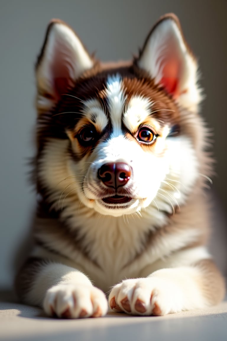 A close-up shot of a fluffy husky dog with an endearing expression, its big brown eyes and button nose captivating. The camera frames the dog's adorable face against a subtle gradient background, emphasizing its soft fur. Natural light illuminates the scene, casting a warm glow on the subject's features. The composition showcases the dog's cute pose, paws together and ears perked up, exuding an aura of friendliness.