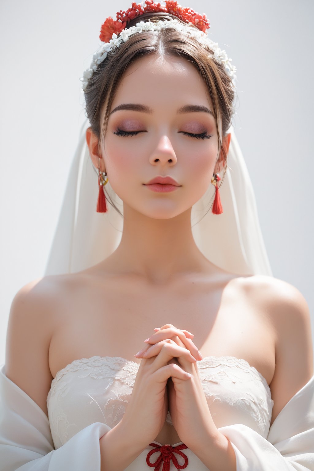 score_9, score_8_up, score_7_up,source_real, 1girl,Sweet,Kawaii,Looks at viewer, A Chinese ancient beauty is praying, with hands clasped together, eyes closed in silence, wearing a solemn yet beautiful expression, White Background,portrait