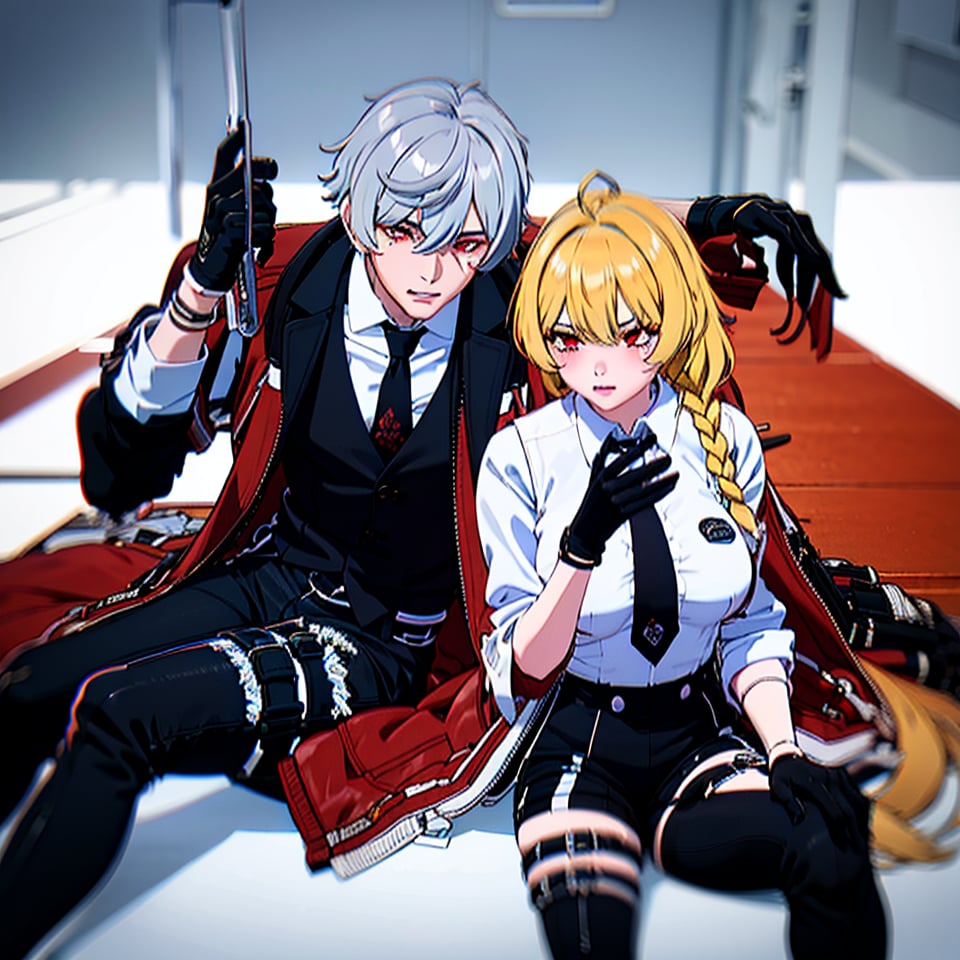 highly detailed, masterpiece, high quality, beautiful,couple, 1girl (long hair, breasts, bangs, blonde hair, shirt, red eyes, thighhighs, gloves), 1boy (1.9,jacket, braid, grey hair, necktie, shorts, black gloves, collared shirt, vest, thigh strap, white headwear, black pants, white jacket,scar on left eye,rogue, smug)