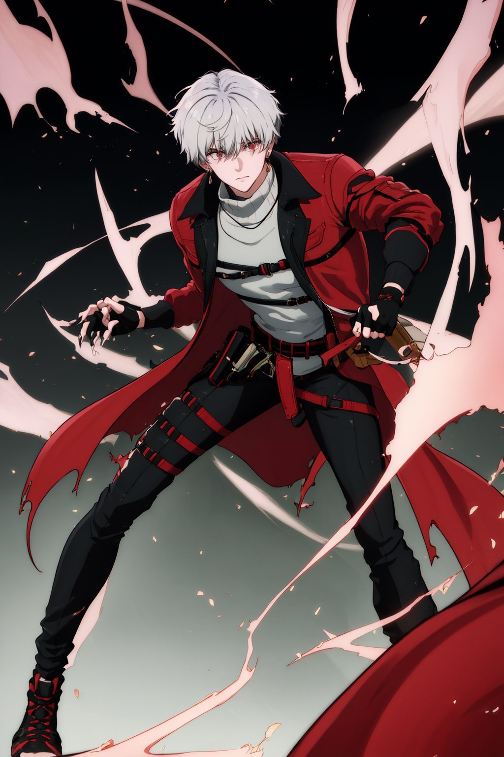 masterpiece, highest quality, so beautiful, Absurd,highly definited,solo, looking at viewer, short hair, bangs, red eyes, gloves, 1boy, hair between eyes, jewelry, closed mouth, jacket, white hair, male focus, earrings, shoes, black gloves, belt, pants, fingerless gloves, torn clothes, thigh strap, turtleneck, black pants, red jacket, holster,claw scar on left eye,