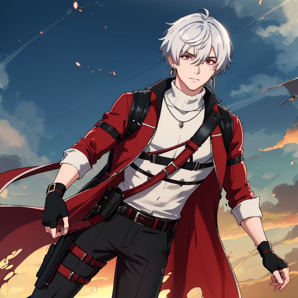 masterpiece, highest quality, so beautiful,highly definited,(medium long shot),solo, looking at viewer, short hair, left eye red, right eye silver, 1boy, hair between eyes, jewelry, closed mouth, jacket, white hair, male focus, earrings, belt, pants,black fingerless gloves, torn clothes, thigh strap, turtleneck, black pants, red jacket, holster,claw scar on left eye,