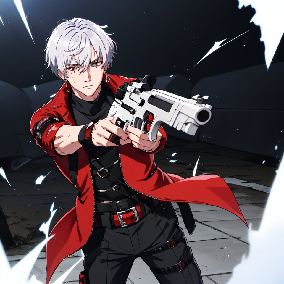 masterpiece, highest quality, so beautiful,highly definited,(medium long shot),solo, looking at viewer, short hair, left eye red, right eye silver, 1boy, hair between eyes, jewelry, closed mouth, jacket, white hair, male focus, earrings, belt, pants,black fingerless gloves, torn clothes, thigh strap, turtleneck, black pants, red jacket, holster,claw scar on left eye,aiming a pistol,glock 17cm,