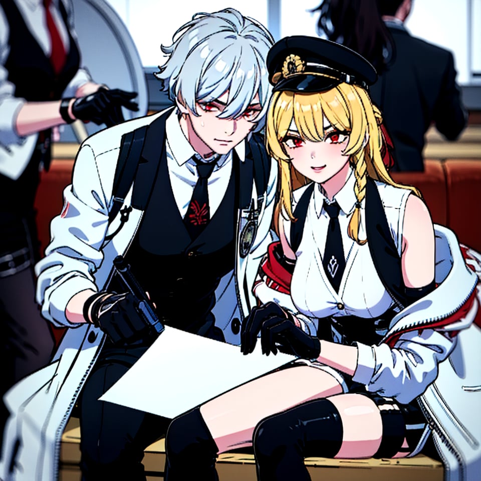 highly detailed, masterpiece, high quality, beautiful,couple, 1girl (long hair, breasts, bangs, blonde hair, shirt, red eyes, thighhighs, gloves), 1boy (1.9,jacket, braid, grey hair, necktie, shorts, black gloves, collared shirt, vest, thigh strap, white headwear, black pants, white jacket,scar on left eye,rogue, smug)