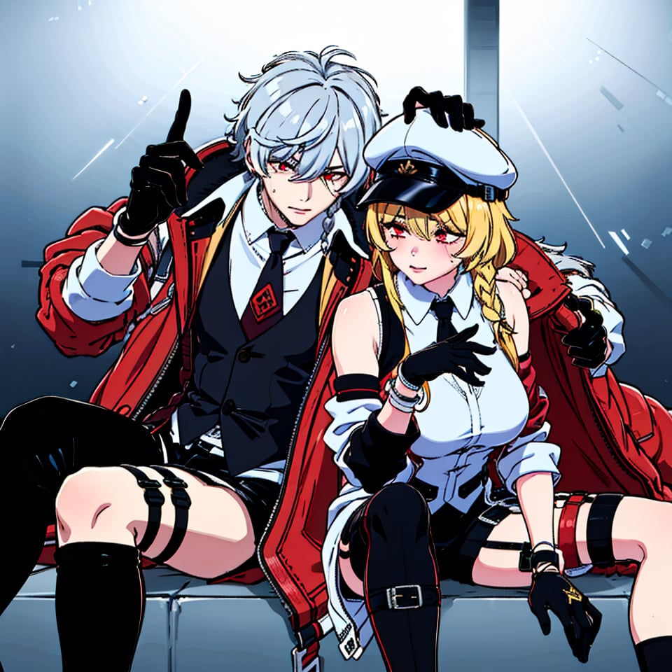 highly detailed, masterpiece, high quality, beautiful,couple, 1girl (long hair, breasts, bangs, blonde hair, shirt, red eyes, thighhighs, gloves), 1boy (1.9,jacket, braid, grey hair, necktie, shorts, black gloves, collared shirt, vest, thigh strap, white headwear, black pants, white jacket,scar on left eye,rogue, smug)