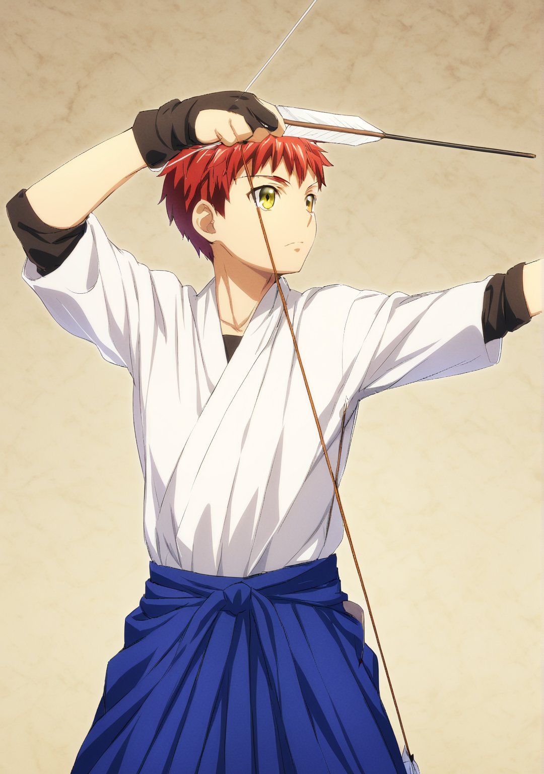 ikkieb, 1boy, emiya shirou, fate/stay night, red hair, yellow eyes, archery, arrow (projectile), blue hakama, partially fingerless gloves, muneate, masterpiece, best quality, very aesthetic, absurdres