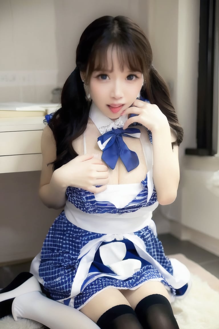 1girl, long wavy hair, blue eyes, thighhighs, looking at viewer, white thighhighs, sitting, bow, , dress, cherry, hair bow, blush, lips, apron, indoors, + short sleevesblue dress, parted lips, facial mark,  lace, smile, frills,holding,  ribbon, lace trim,best quality, highly detailed, extremely detailed cg unity 8k , depth of field, cute girl, beautiful face, teenager, (sagging huge breasts), heavy breathing, (ahegao:0.4), tongue out, aroused face, blush, wet skin, dark brown hair, low ponytail hair, huge eyes, bondage, vaginal rape, bust shot,
 wet tongue out ,portrait,Hot ,shiny black pantyhose,Camisole dress