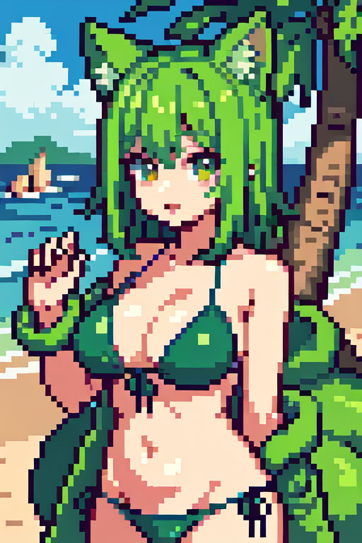 catgirl, green fur, bikini, beach, busty, Pixel art, Pixel world