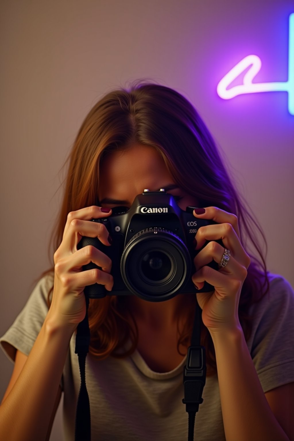 A warm sepia-toned overlay captures the nostalgic and timeless essence of the scene. The subject is a person with chestnut hair, holding a Canon EOS 200D DSLR camera, poised to take a photograph. The camera's black body contrasts with the warm tones of the hair and the soft, neutral background. The person's hands, with manicured nails painted in a dark shade, are steady and skilled, suggesting a familiarity and passion for photography. A blurred background isolates the subject, focusing the viewer's attention on the anticipation of the shot to come. Soft, diffused lighting casts gentle shadows that contour the subject's features and the camera, adding depth and dimension to the image. Neon lights in purple and blue create a dynamic backdrop, introducing an unexpected splash of color to the otherwise warm scene. This touch of modernity adds a layer of contrast, emphasizing the subject’s quiet concentration, the thrill of the capture, and the beauty of the everyday. The neon glow subtly interacts with the sepia tones, casting colorful reflections and enhancing the depth and mood of the scene.