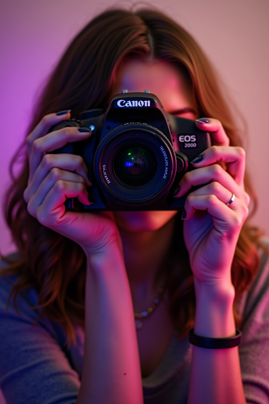 A warm sepia-toned overlay captures the nostalgic and timeless essence of the scene. The subject is a person with chestnut hair, holding a Canon EOS 200D DSLR camera, poised to take a photograph. The camera's black body contrasts with the warm tones of the hair and the soft, neutral background. The person's hands, with manicured nails painted in a dark shade, are steady and skilled, suggesting a familiarity and passion for photography. A blurred background isolates the subject, focusing the viewer's attention on the anticipation of the shot to come. Soft, diffused lighting casts gentle shadows that contour the subject's features and the camera, adding depth and dimension to the image. Neon lights in purple and blue create a dynamic backdrop, introducing an unexpected splash of color to the otherwise warm scene. This touch of modernity adds a layer of contrast, emphasizing the subject’s quiet concentration, the thrill of the capture, and the beauty of the everyday. The neon glow subtly interacts with the sepia tones, casting colorful reflections and enhancing the depth and mood of the scene.