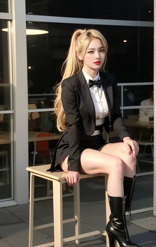 ((32k Super Ultra HDR),(Canon EOS, SIGMA Art lens 105mm F1.5, ISO 2000 shutter speed 2000, sharp),(realistic: 1.3),(ultra high detail: 1.3) (blonde ponytail),(model full body),(pencil miniskirt),(black strap high heel realistic, detail) and (high heel ankle boots, realistic, detail),(D-CUP chest), (center, eye contact, face detail), (masterpiece, real, realistic))

The photo of the released RAW image shows a young female K-pop idol from Korea. She is wearing a school girl uniform, office uniform (black blazer, white collared shirt, black tie, black pencil miniskirt).
Her blonde hair is tied in a ponytail, adding texture to her face.
The background is an amusement park.
She is standing in a great pose.
A subtle smile appears on her face (smiling expression), the modern school uniform of blazer and pencil miniskirt (high heeled square boots, realistic) suggests an environment where such attire would be appropriate or fashionable. The uniform design consists of a pleated miniskirt and a blazer with buttons down the front, creating a formal style. Accessories, a bow tie, and a (Chanel) purse add a young and sophisticated feel to her outfit. Mikas strikes a dizzying pose, black strappy high heels  realistic, officelady123