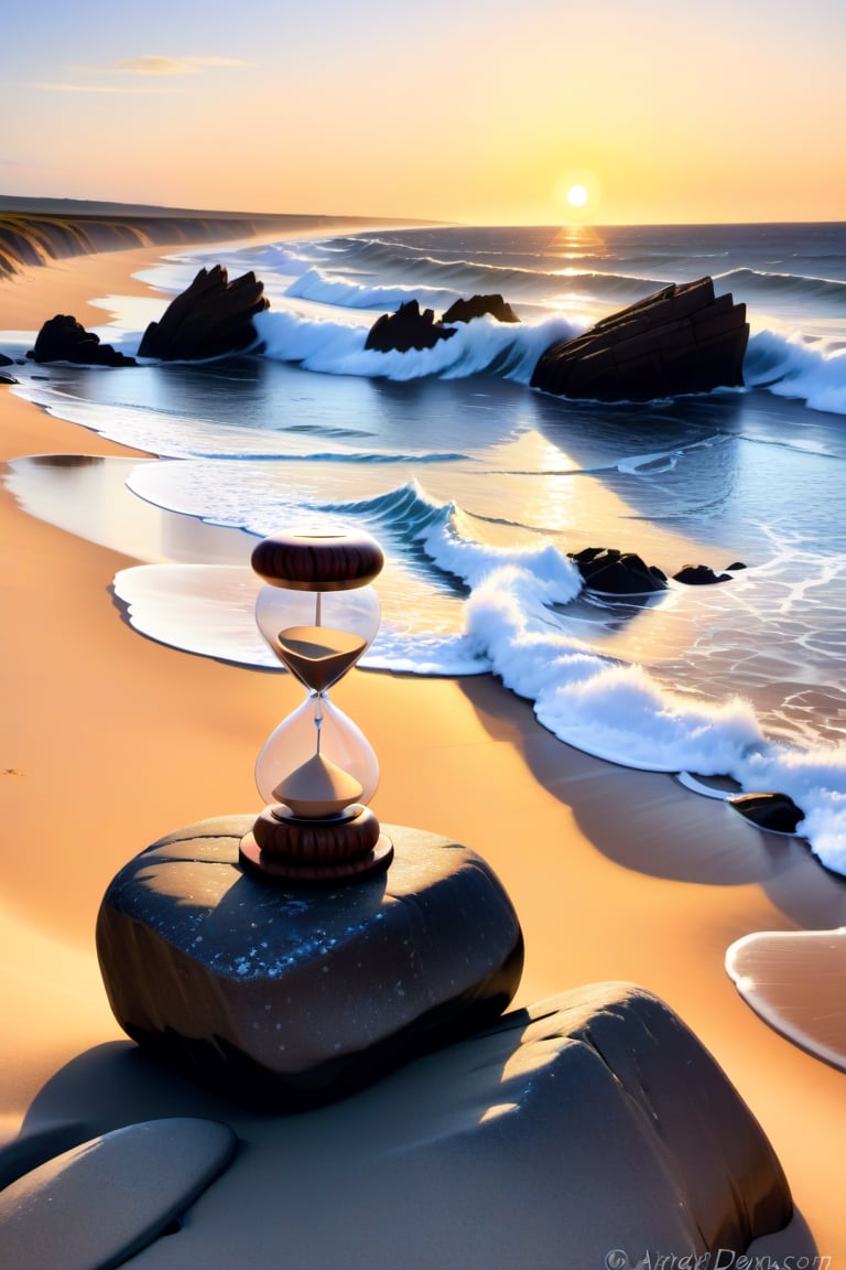 un reloj de arena encima de una roca frente al mA weathered sand timer sits atop a rugged rock, precariously perched at the edge of the turbulent sea. The setting sun casts a warm orange glow on the sandy dunes and the waves below, while the timer's worn wooden body appears fragile against the vast oceanic backdrop.ar 