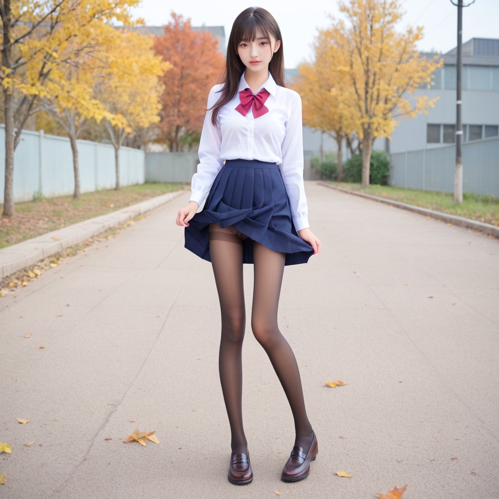 nude pantyhose,schoolgirl, school uniform,lift skirt,up skirt,skirt up, solo, 1 girl,JK pantyhose,wind lifted skirt, full body,Pretty legs,slim legs,LIFT UP SKIRT,a full-body shot