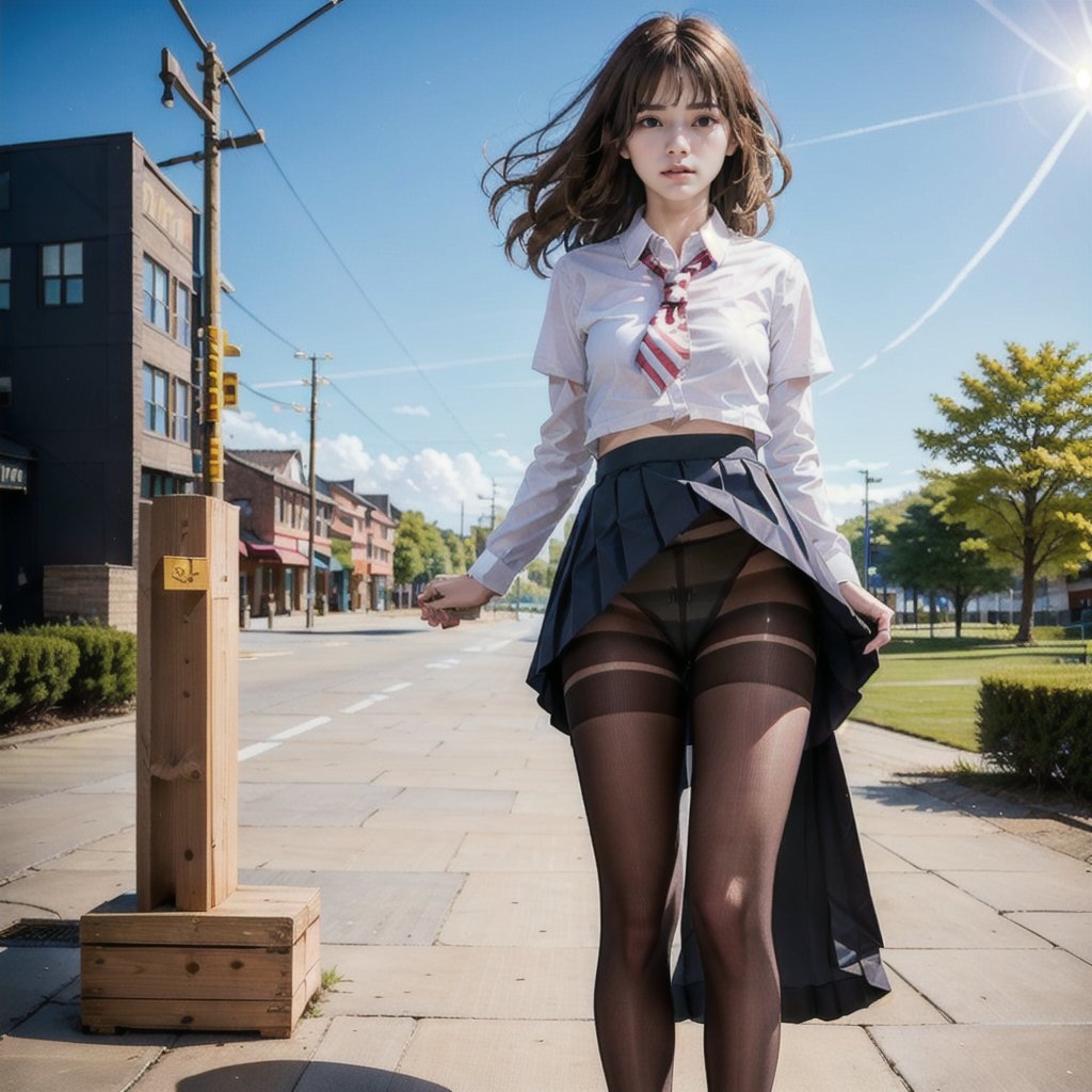 nude pantyhose,schoolgirl, school uniform,lift skirt,up skirt,skirt up, solo, 1 girl,JK pantyhose,wind lifted skirt, full body,Pretty legs,slim legs,LIFT UP SKIRT,a full-body shot,lifted by self,skirt lift,best quality,nudestocking,lift_skirt