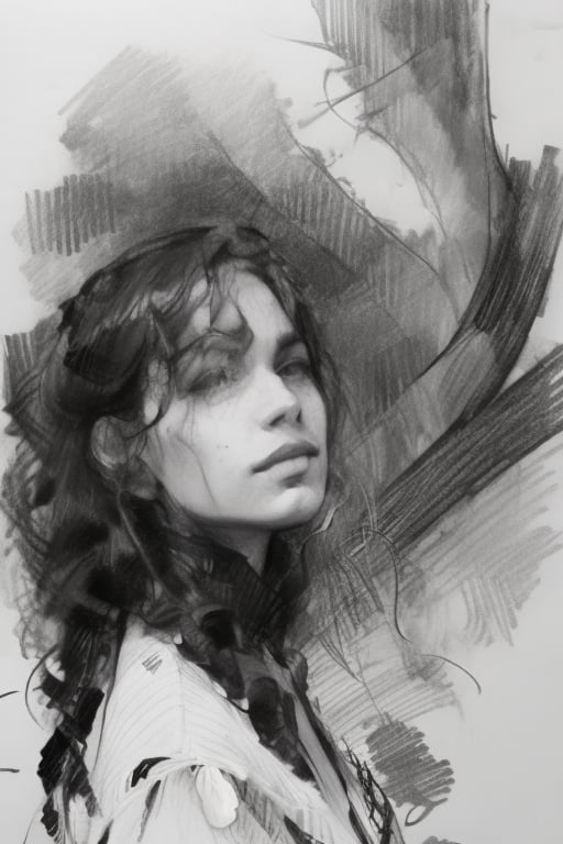 Black and White pencil Sketch, Vigilant gaze of Elisha: A majestic 8K masterpiece by Casey Baugh, rendered in exquisite pencil strokes. The subject's features are illuminated by a soft, ethereal light, while the white dress flows like mist around her form. Unfinished yet unfinished, large brushstrokes create a textured background, revealing glimpses of paper beneath. The face, however, is a realm of high contrast, where deep darks and subtle nuances converge in a breathtakingly detailed portrait.