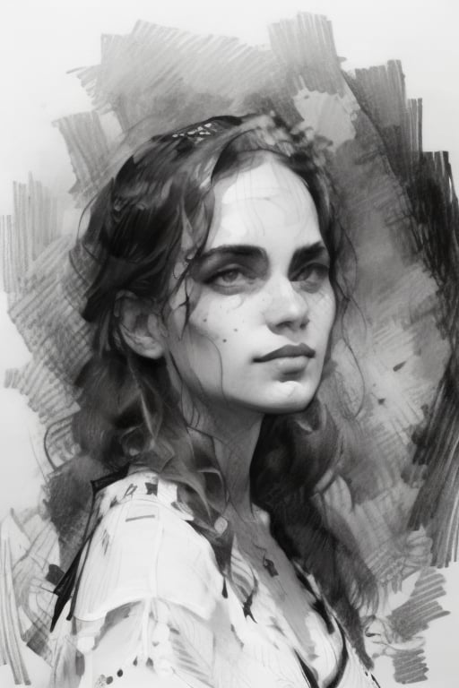 Black and White pencil Sketch, Vigilant gaze of Elisha: A majestic 8K masterpiece by Casey Baugh, rendered in exquisite pencil strokes. The subject's features are illuminated by a soft, ethereal light, while the white dress flows like mist around her form. Unfinished yet unfinished, large brushstrokes create a textured background, revealing glimpses of paper beneath. The face, however, is a realm of high contrast, where deep darks and subtle nuances converge in a breathtakingly detailed portrait.