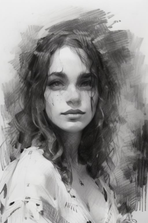 Black and White pencil Sketch, Vigilant gaze of Elisha: A majestic 8K masterpiece by Casey Baugh, rendered in exquisite pencil strokes. The subject's features are illuminated by a soft, ethereal light, while the white dress flows like mist around her form. Unfinished yet unfinished, large brushstrokes create a textured background, revealing glimpses of paper beneath. The face, however, is a realm of high contrast, where deep darks and subtle nuances converge in a breathtakingly detailed portrait.