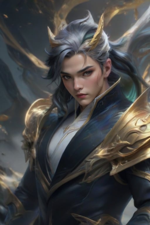 Jarvan IV,multicolored hair,white hair,black hair,golden eyes 