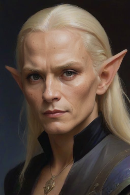 art by Gerald Brom in the style of bill sienkiewicz: Turk elf, lightly armored, rogue, Deep blue-violet eyes, Honey Blond hair, Tanned skin, delicate features, high cheekbones, pointed ears, Round eyes, and Monolid asian eyes, dressed in dark browns,ohwx man