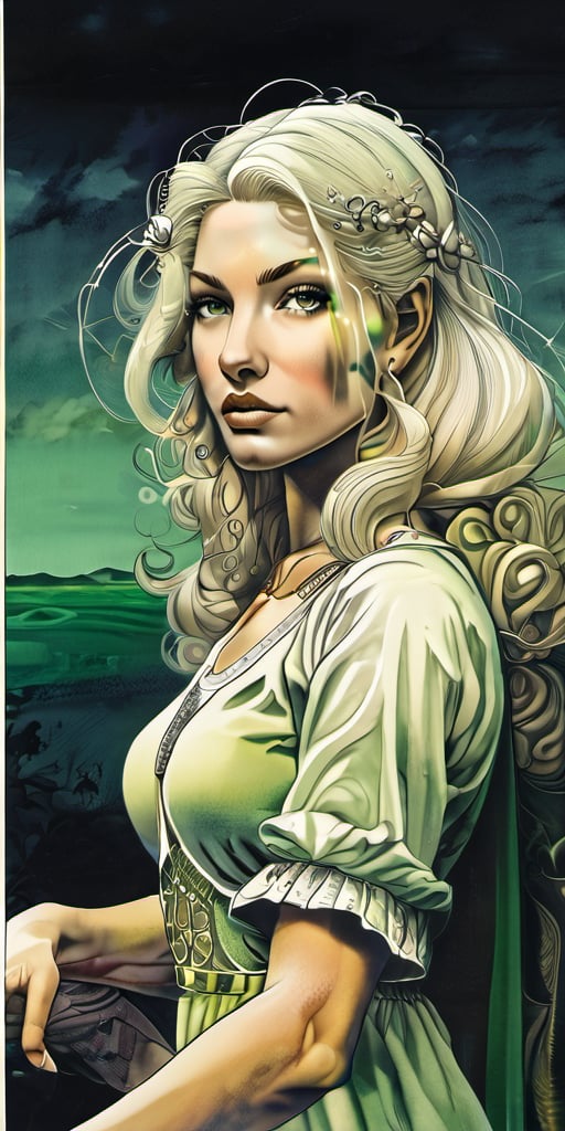 art by Gustave Dore and Milo Manara, Tartar, werewolf, female, warrior, Green eyes, Curly Hair, White hair, Pale skin, and Wide Nose, 
