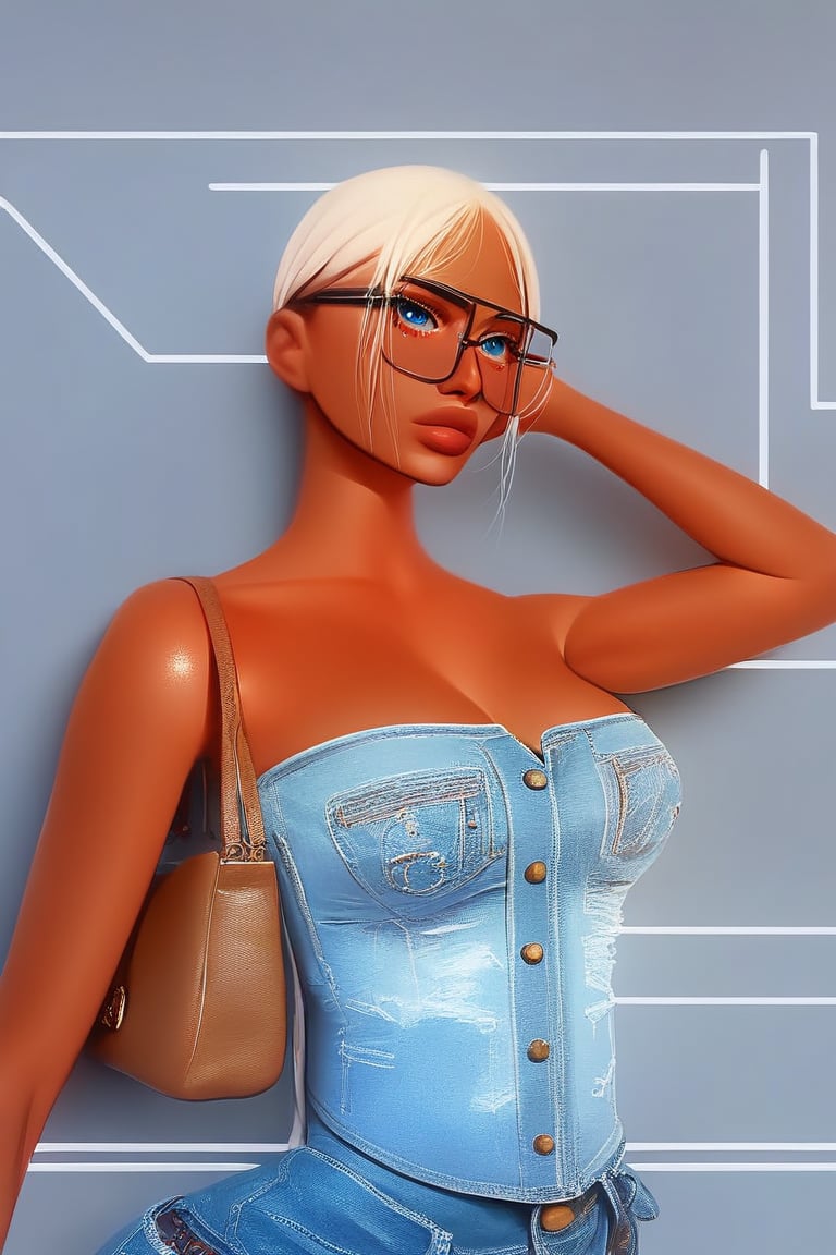 score_9 , 1girl, short hair, solo, blue eyes, dark skinned, corseted top, handbag, eye glasses, jean pants,  large bosoms , tag1 ,  simple background, Vu33