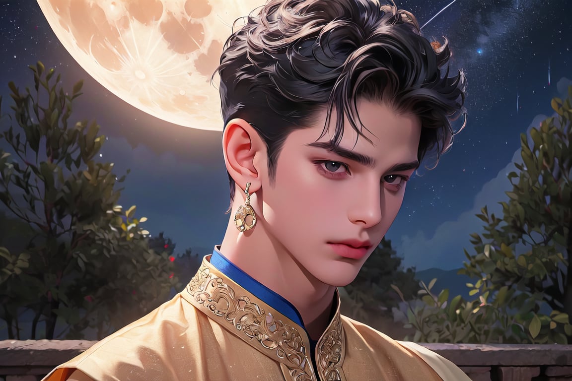 RWA photo, best quality, masterpiece, 8K resolution, ((solo:1.3)), ((1boy)), ready for battle, Europe beautiful teen boy, exquisite facial features, wearing luxurious blue Kurta, adorned with golden earrings, ((black short hair)), ((curly hair)), black eyes, close up portrait, perfect figure, cinematic lighting, in starlit night with big moon