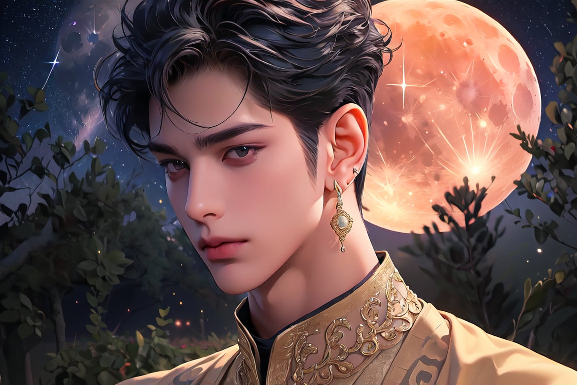 RWA photo, best quality, masterpiece, 8K resolution, ((solo:1.3)), ((1boy)), ready for battle, Europe beautiful teen boy, exquisite facial features, wearing luxurious blue Kurta, adorned with golden earrings, ((black short hair)), ((curly hair)), black eyes, close up portrait, perfect figure, cinematic lighting, in starlit night with (big moon)