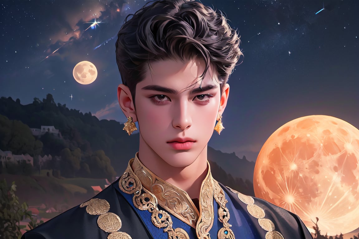 RWA photo, best quality, masterpiece, 8K resolution, ((solo:1.3)), ((1boy)), ready for battle, Europe beautiful teen boy, exquisite facial features, wearing luxurious blue Kurta, adorned with golden earrings, ((black short hair)), ((curly hair)), black eyes, close up portrait, perfect figure, cinematic lighting, in starlit night with big moon