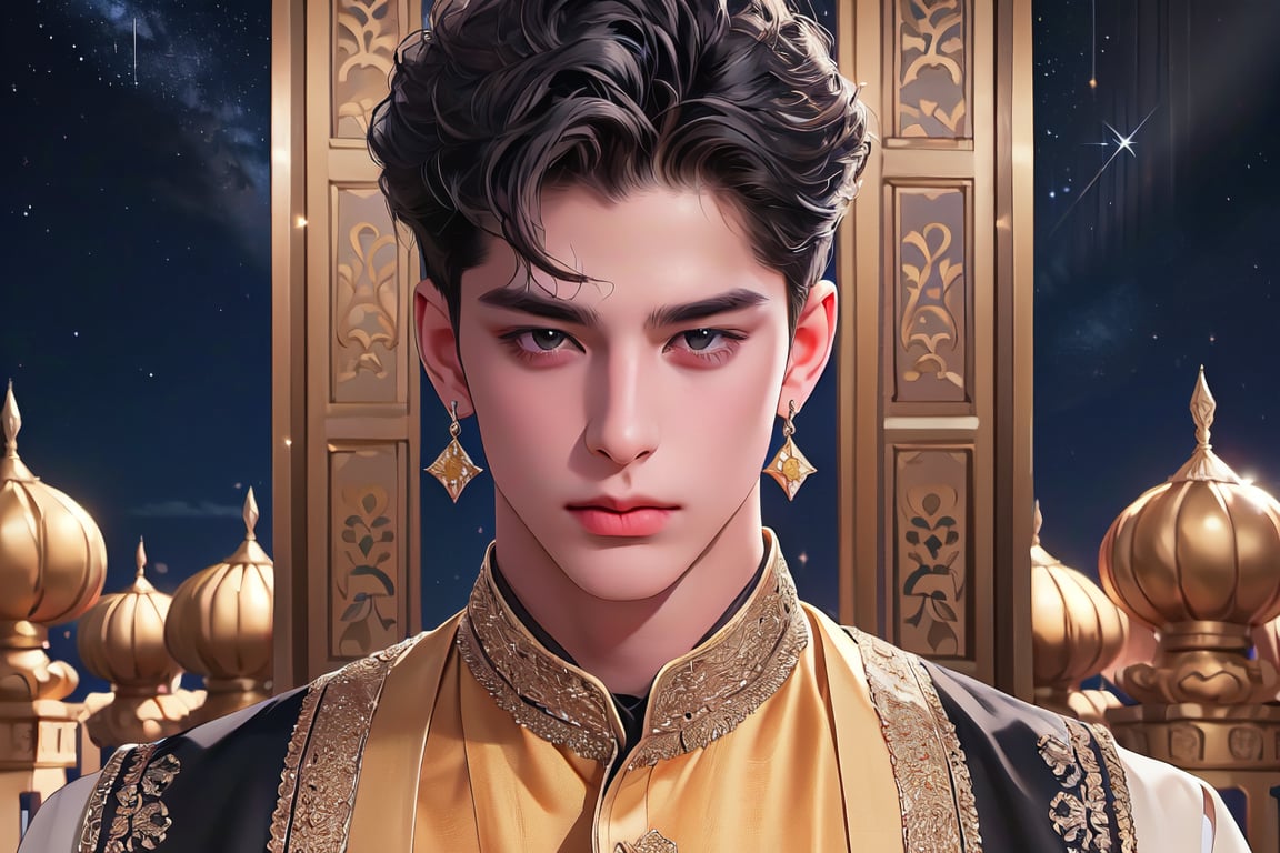 RWA photo, best quality, masterpiece, 8K resolution, ((solo:1.3)), ((1boy)), ready for battle, Europe beautiful teen boy, exquisite facial features, wearing luxurious blue Kurta, adorned with golden earrings, ((black short hair)), ((curly hair)), black eyes, close up portrait, perfect figure, cinematic lighting, in starlit night with big moon, at acient palace