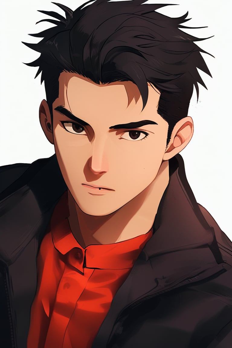 solo, looking at viewer, simple background, shirt, black hair, 1boy, jacket, upper body, male focus, collared shirt, black eyes, red shirt,white background, realistic