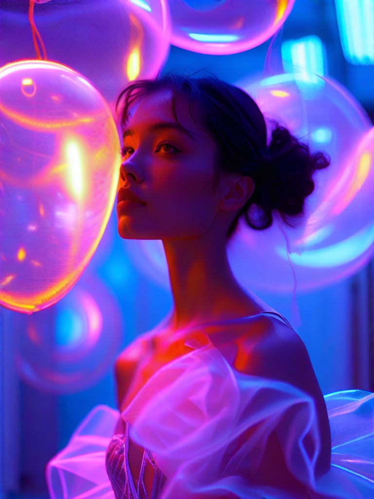 A softly focused portrait of a fashion model amidst a halo of tiny neon glass filaments, casting a mesmerizing glow. She wears a balloon puff dress with intricately rendered folds and textures in photorealistic 8K detail. Framed in RAW intimacy, as if captured on 16mm film, her candid moment radiates Porta 400-inspired vibrancy. Her skin exhibits textured details - noise, fuzz, and subtle dryness - under the cinematic camera's artistic eye.