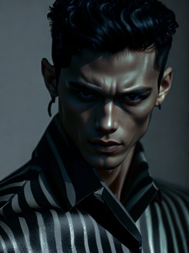 Close-up shot of a masculine figure with short, jet-black hair framing his chiseled features. He fixes the viewer with a piercing gaze, his eyes burning with intensity. Wearing a photorealistic, ultra-detailed, vertically-striped shirt that seems to hum with energy, he exudes confidence and masculinity. His upper body, a masterclass in realistic proportions, appears sculpted from granite. The subtle curve of his lips and the intensity of his stare evoke an air of mystery, drawing the viewer inexorably into his enigmatic presence.