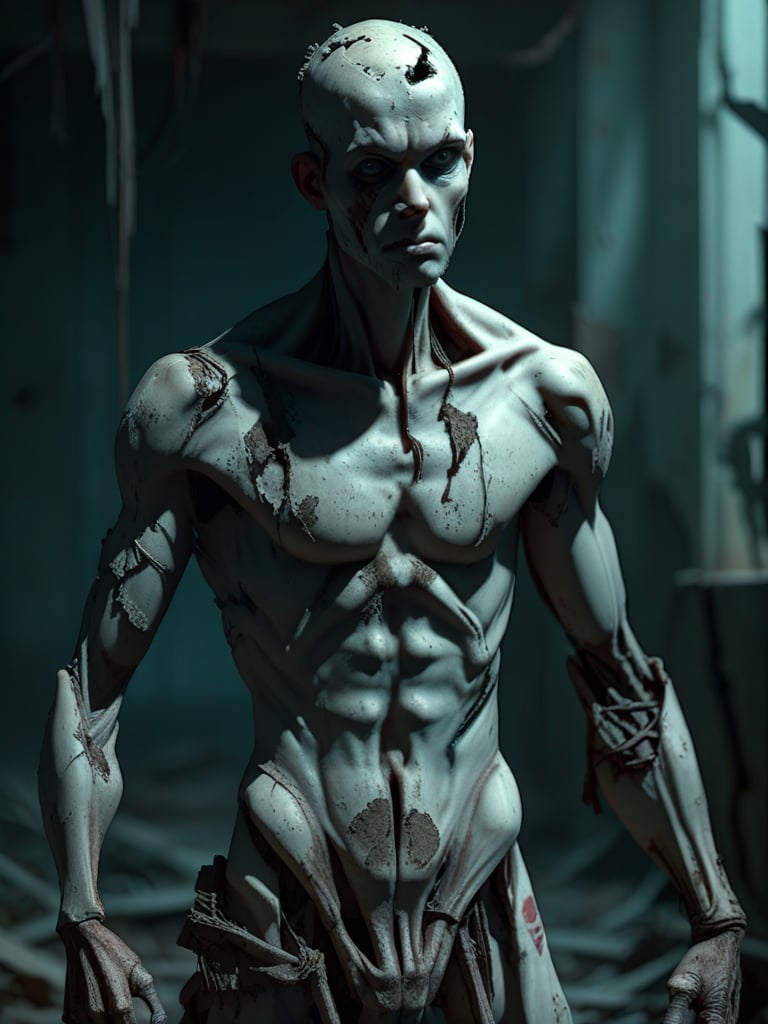 Create an image of a humanoid figure with worst quality, low quality, and distorted anatomy. The character's hands are poorly proportioned with several fingers missing and an extra digit on one hand. The body is similarly marred by poor proportions and misshapen features. The scene is dimly lit with harsh shadows, emphasizing the overall sense of neglect and decay.