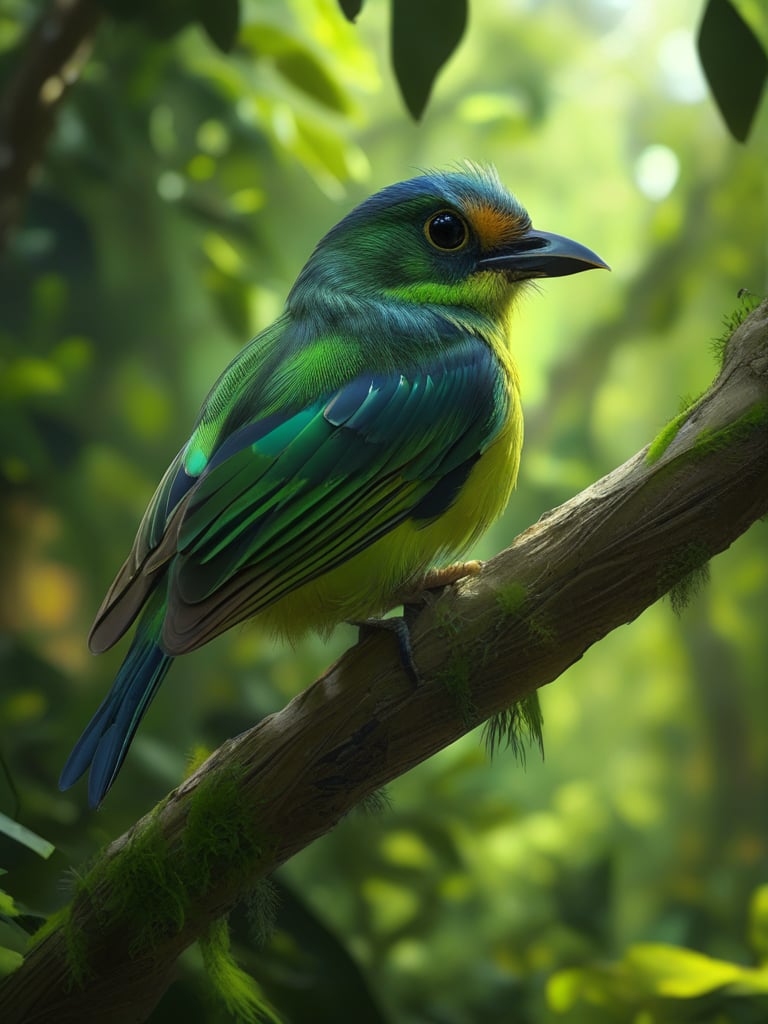 best quality, 4K, 8K, high-resolution, masterpiece, ultra-detailed, photorealistic,  a green bird is sitting on a branch in the middle of the forest