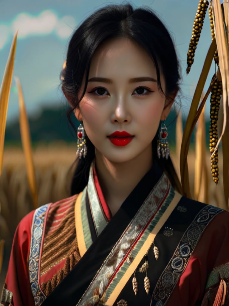 best quality, 4K, 8K, high-resolution, masterpiece, ultra-detailed, photorealistic,  an asian woman in traditional clothing standing in the middle of a field with corn stalks in the background, woman, long hair, looking at viewer, black hair, closed mouth, jewelry, brown eyes, upper body, outdoors, earrings, sky, day, blurry, black eyes, blurry background, makeup, depth of field, chinese clothes, realistic, red lips, asian, photorealistic