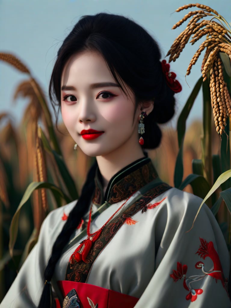 best quality, 4K, 8K, high-resolution, masterpiece, ultra-detailed, photorealistic,  an asian woman in traditional clothing standing in the middle of a field with corn stalks in the background, woman, long hair, looking at viewer, black hair, closed mouth, jewelry, brown eyes, upper body, outdoors, earrings, sky, day, blurry, black eyes, blurry background, makeup, depth of field, chinese clothes, realistic, red lips, asian, photorealistic