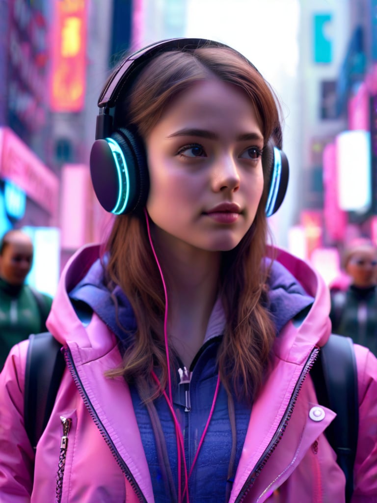 best quality, 4K, 8K, high-resolution, masterpiece, ultra-detailed, photorealistic,  a young woman in a pink jacket and headphones standing in front of a crowd looking off to the side