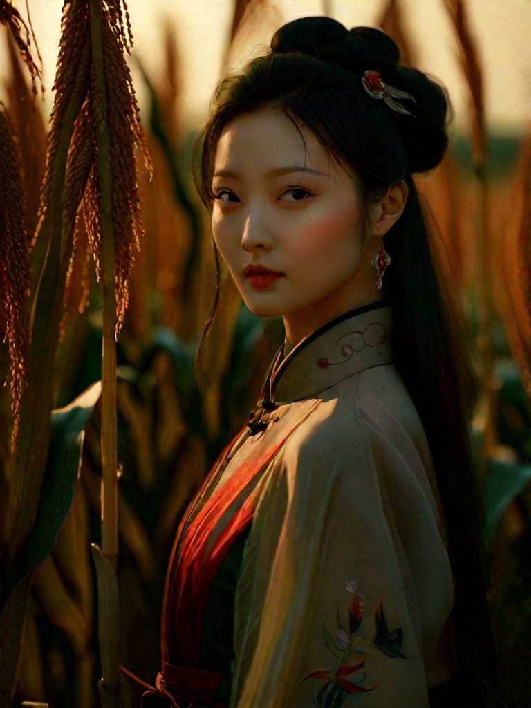 A warm, golden light bathes the scene as an Asian woman stands statuesque amidst a field of tall corn stalks, her traditional Chinese clothing a striking contrast against the natural backdrop. Her long, raven-black hair flows down her back like a waterfall, framing her angular face with piercing brown eyes and subtle features. A delicate hint of red lipstick accents her closed- mouth expression, while ornate earrings catch the light as she gazes directly into the viewer's soul. The soft focus background allows the viewer's attention to remain solely on her serene figure, frozen in a moment of contemplation.