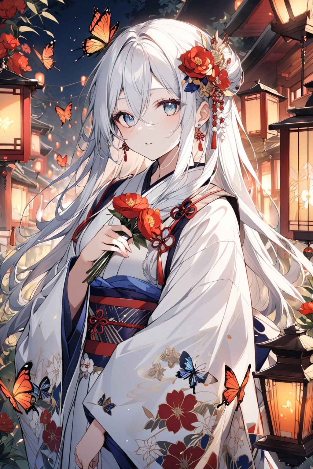 1girl, solo, long hair, looking at viewer, bangs, blue eyes, hair ornament, long sleeves, holding, hair between eyes, jewelry, flower, white hair, earrings, parted lips, japanese clothes, wide sleeves, kimono, sash, obi, bug, red flower, butterfly, lantern, white kimono