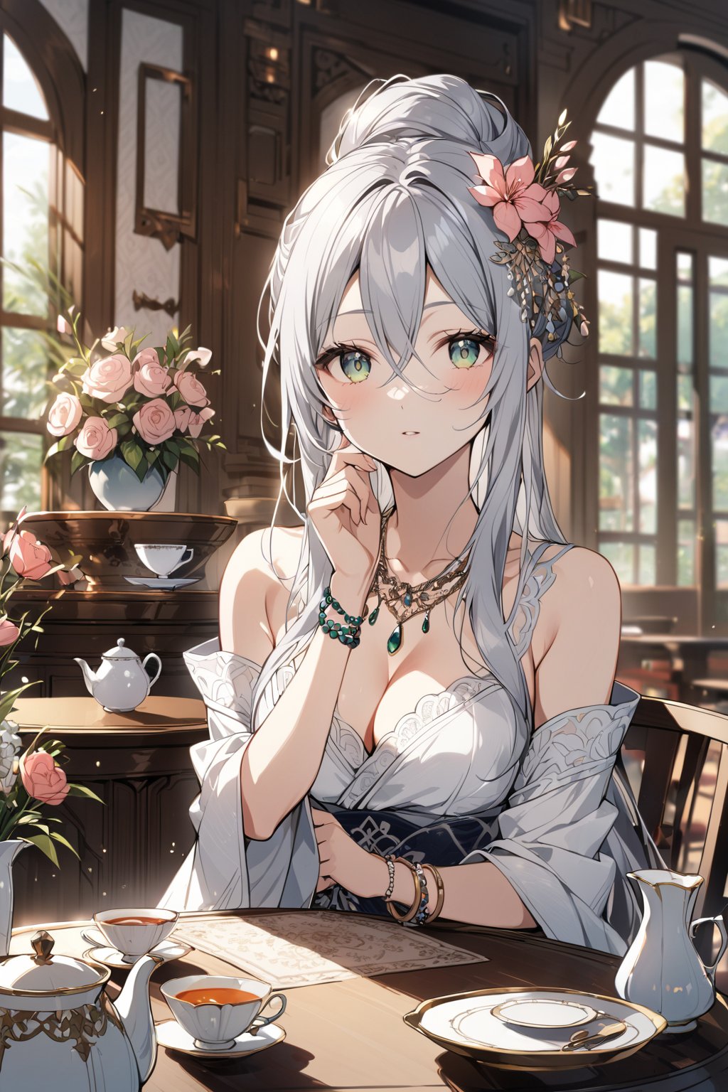 1girl, solo, long hair, breasts, looking at viewer, bangs, hair ornament, long sleeves, dress, cleavage, hair between eyes, bare shoulders, jewelry, medium breasts, very long hair, green eyes, upper body, flower, grey hair, parted lips, indoors, hand up, hair flower, wide sleeves, necklace, off shoulder, hair bun, white dress, blurry, bracelet, cup, window, depth of field, blurry background, table, single hair bun, pink flower, teacup, beads, teapot, tea